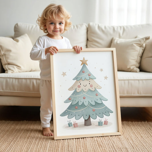 små julevenner – juletre med gaver under. illustrasjon viser et barn som holder plakat i eik ramme