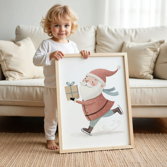 små julevenner – nisse i rosa frakk med blått skjerf og gave Illistrasjon viser et barn som holder plakat i eik ramme