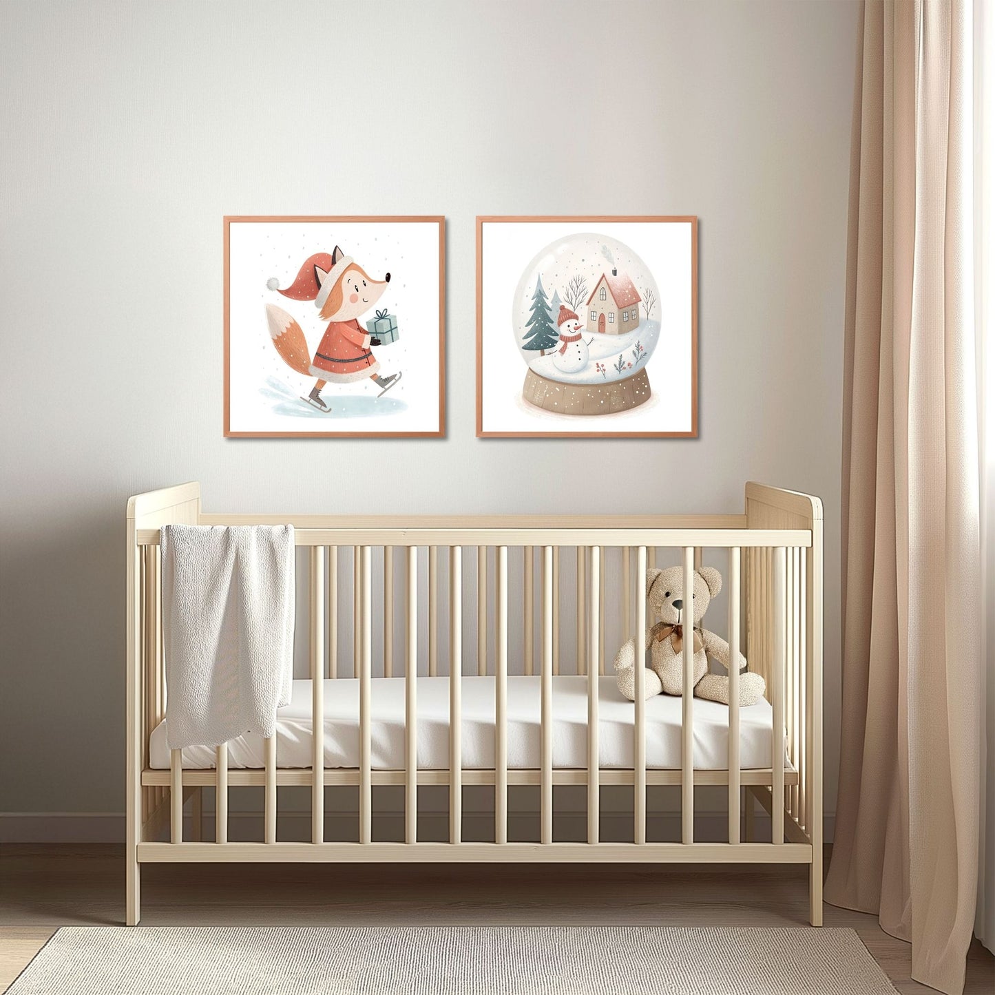 små julevenner – illustrasjon viser plakat av rev på skøyter med blå gave og snøkule i eik ramme på et barnerom