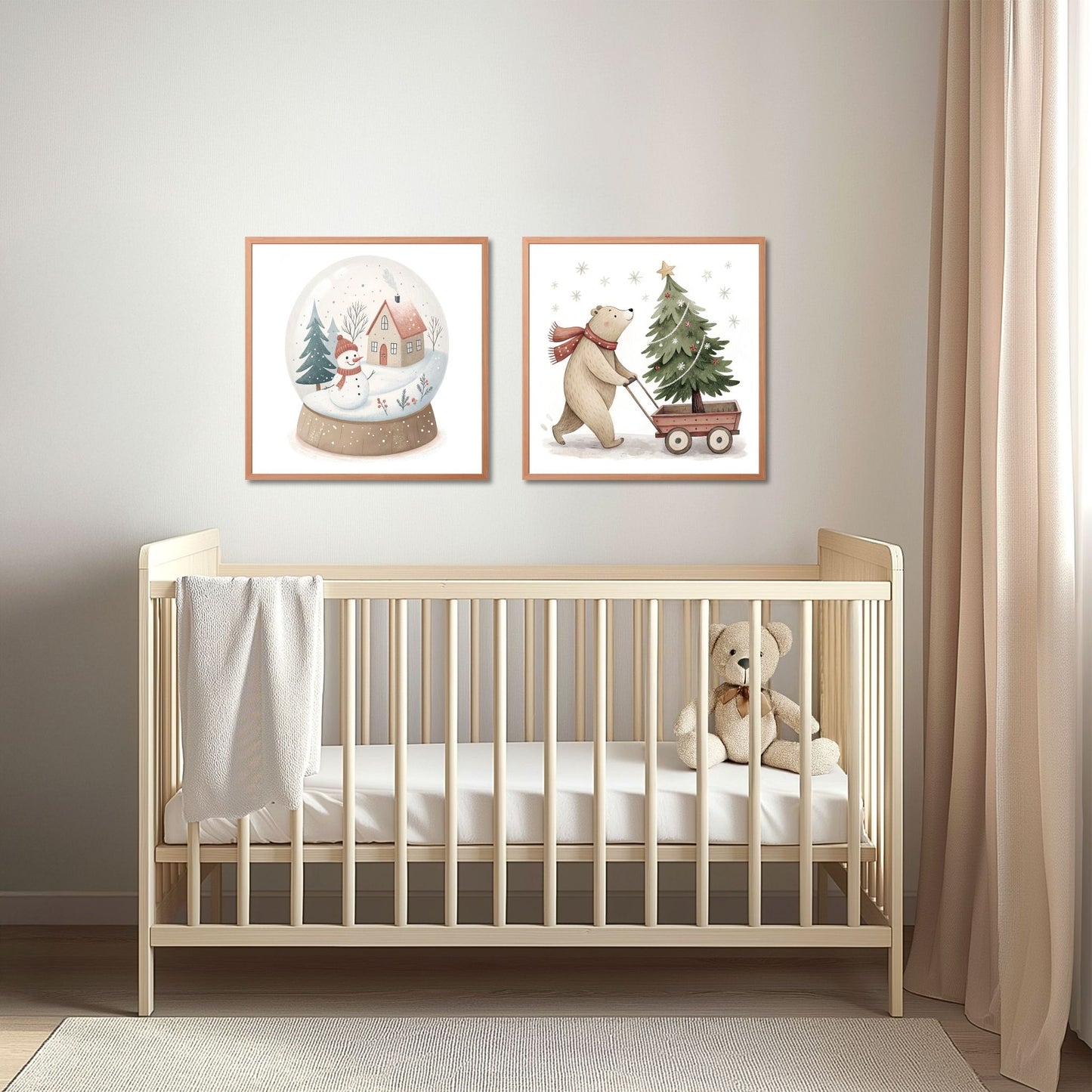 små julevenner – snøkule med snømann og bjørn med juletre. illustrasjon viser plakatene på en vegg i et parnerom