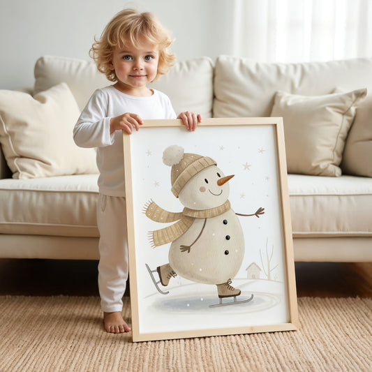 små julevenner – snømann på skøyter med gul lue og skjerf. illustrasjon viser et barn som holder plakaten eik ramme.