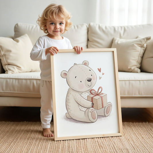 små julevenner – bamse sitter med julegave. Illustrasjon viser plakat i ramme som holdes av et barn