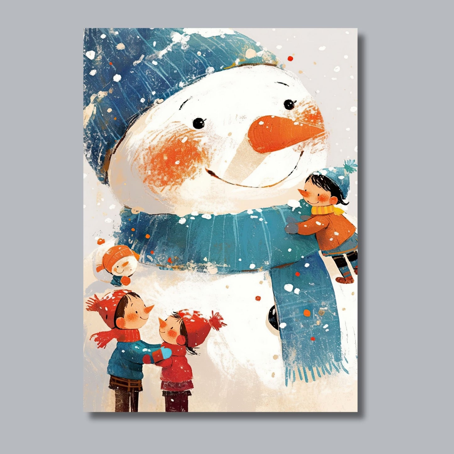 Denne sjarmerende illustrasjonen viser et koselig vinterøyeblikk der barn omfavner sin store, glade snømann, omgitt av snø og lek. Illustrasjon viser motivetpå lerret.
