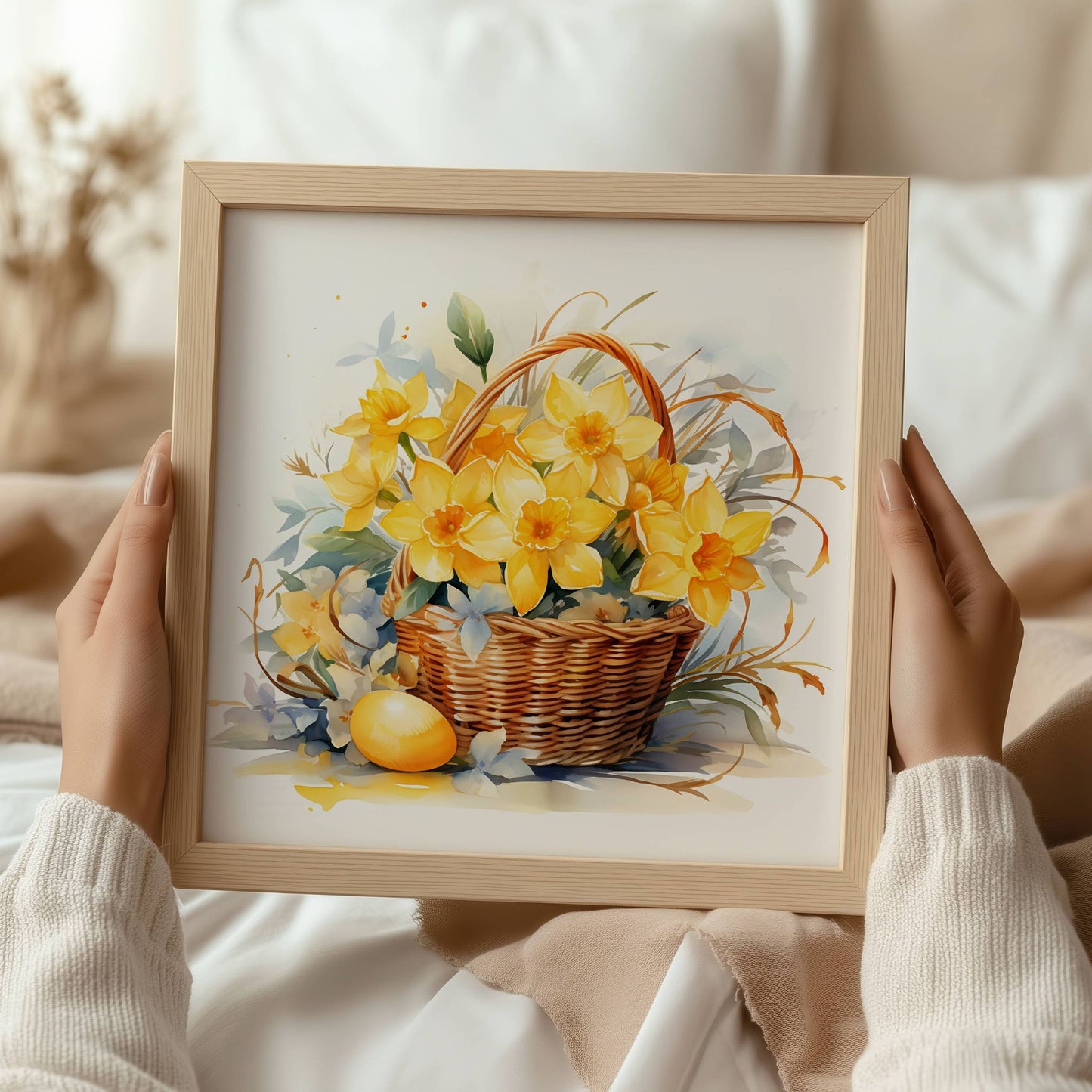 Skap en lun og solrik atmosfære med Solgul Påskekurv – Plakat. Et strålende motiv med påskeliljer og egg – ideelt for kjøkken, gang eller stue. Illustrasjon viser plakat i eik ramme.