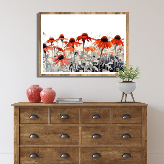 Nydelig abstrakt motiv av Solhattblomster. Blomstene er i rød-oransje nyanser. Dette er en grafisk fremstilling på plakat. På bildet henger plakaten over en komode.