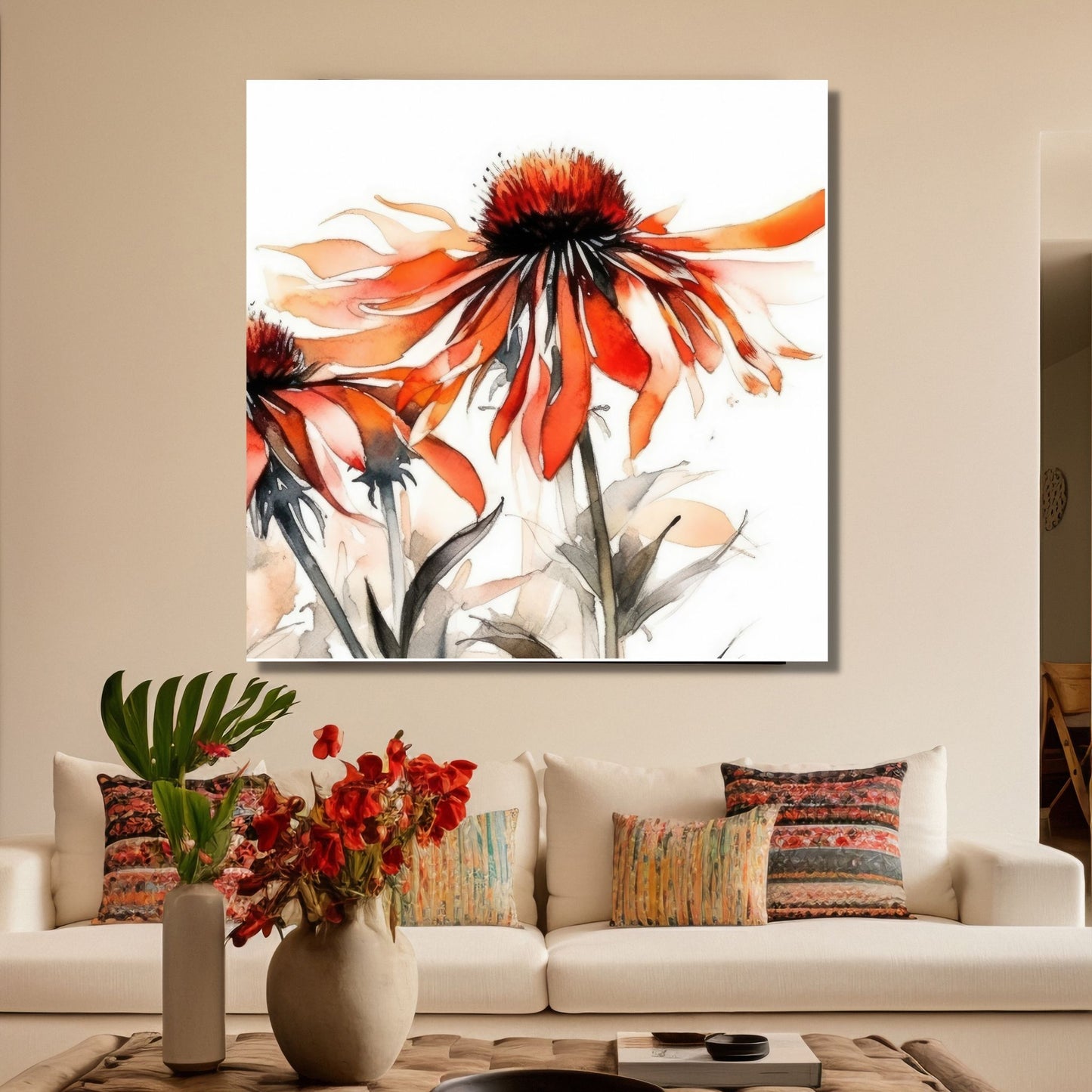 Nydelig abstrakt motiv av Solhattblomster. Blomstene er i rød-oransje nyanser. Dette er en grafisk fremstilling på lerret.