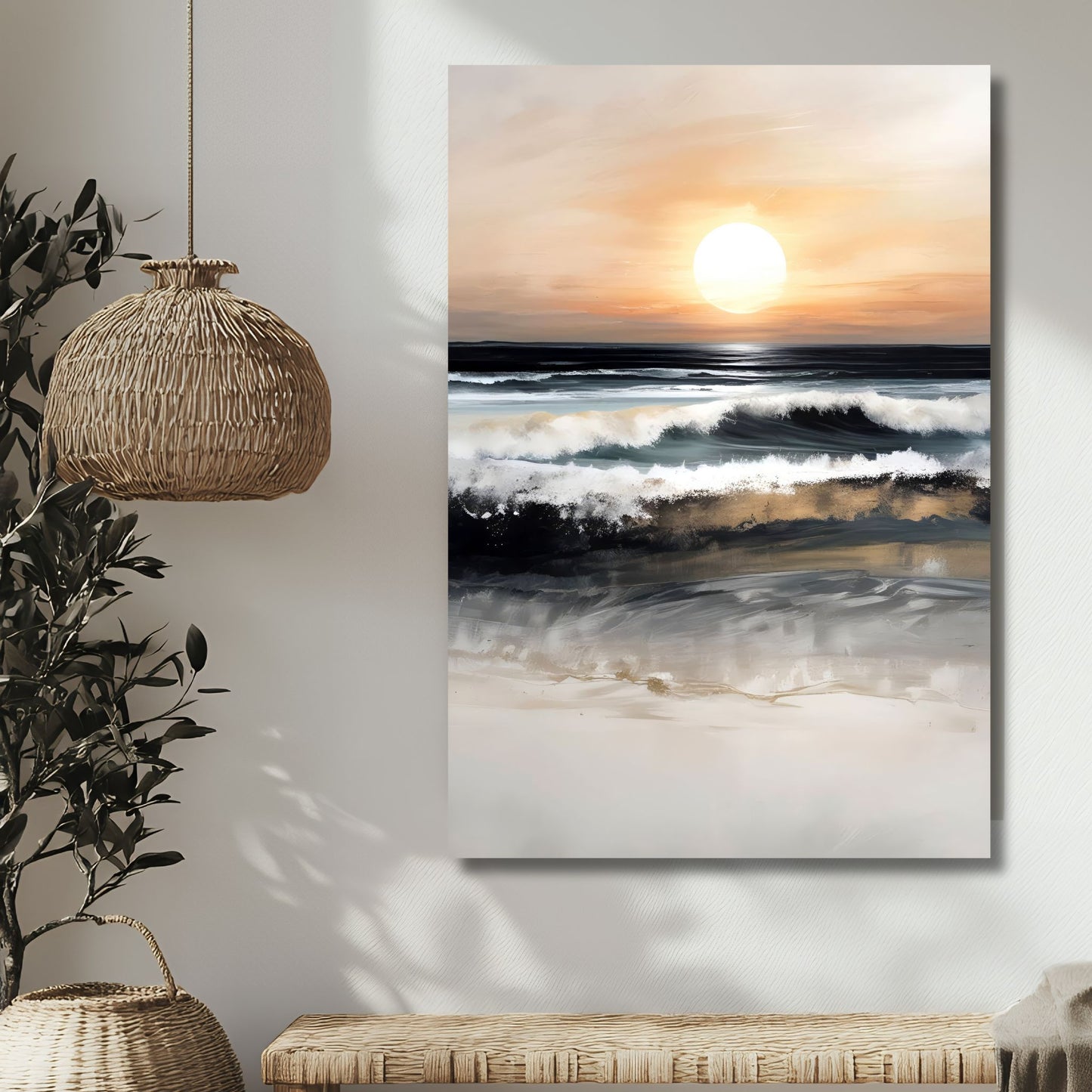 Dette kunstverket, som viser en vakker solnedgang over havets bølger, kombinerer naturlig skjønnhet med et moderne kunstuttrykk. Illustrasjon viser motivet på lerret.