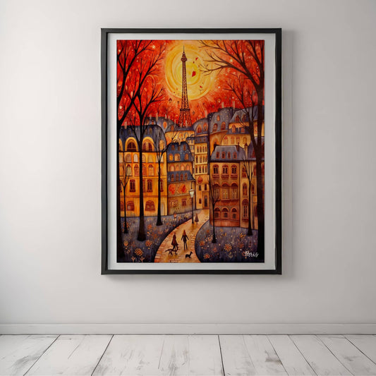 Gjør veggene dine romantiske med denne stemningsfulle Paris-plakaten med varme toner, Eiffeltårnet i sentrum og nostalgisk fransk arkitektur. Illustrasjon viser plakat med hvit kant i sort ramme.