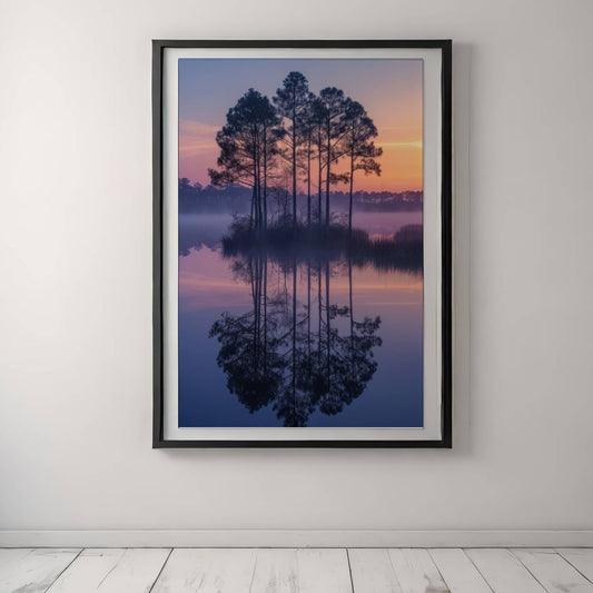 Dette harmoniske motivet fanger de tidlige morgentimene ved et stille vann, der furutrær speiler seg i det blikkstille vannet og himmelen gløder i varme pastelltoner. Illustrasjon viser motivet som plakat i sort ramme.