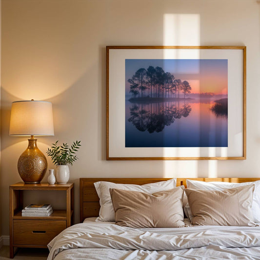 Dette harmoniske motivet fanger de tidlige morgentimene ved et stille vann, der furutrær speiler seg i det blikkstille vannet og himmelen gløder i varme pastelltoner. Illustrasjonen viser motivet som plakat med passepartout i eik ramme.