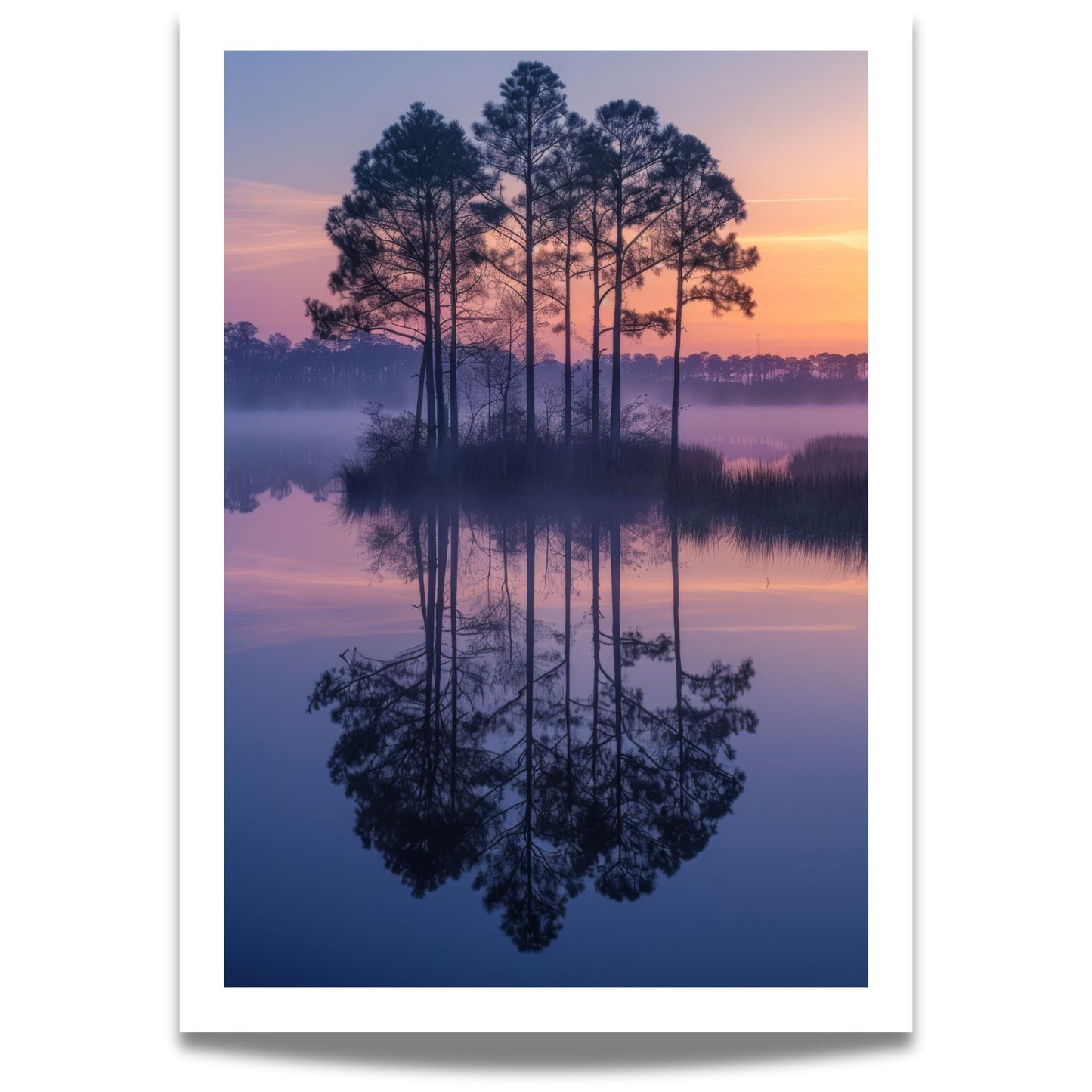 Dette harmoniske motivet fanger de tidlige morgentimene ved et stille vann, der furutrær speiler seg i det blikkstille vannet og himmelen gløder i varme pastelltoner.