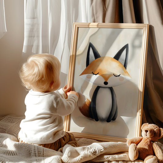 Søvnig Rev, en nydelig illustrasjonsplakat eller lerret som viser en fredelig liten rev med lukkede øyne. Illustrasjon viser motivet som plakat i eik ramme.