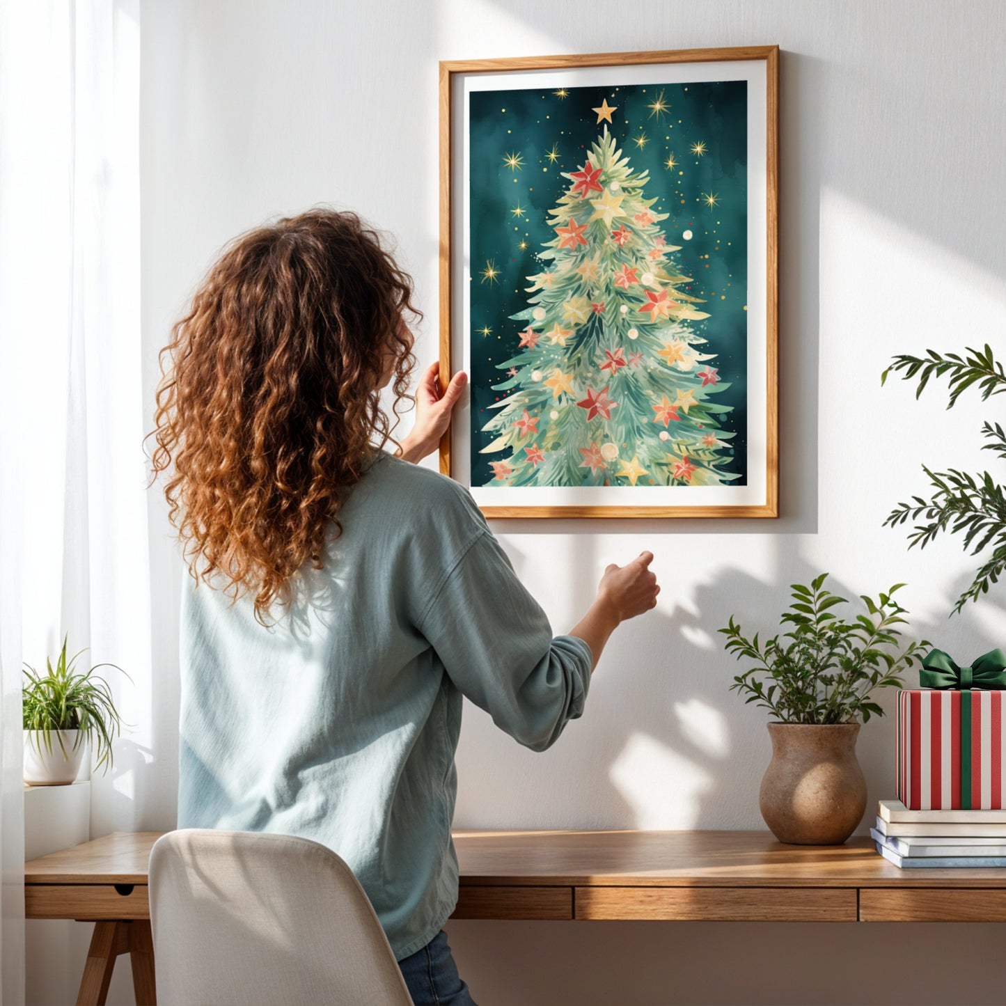 Et magisk juletre badet i stjernelys mot en dyp, blå nattehimmel – et motiv som fanger essensen av julens ro og undring. Illustrasjon viser plakat med hvit kantlinje i ramme.