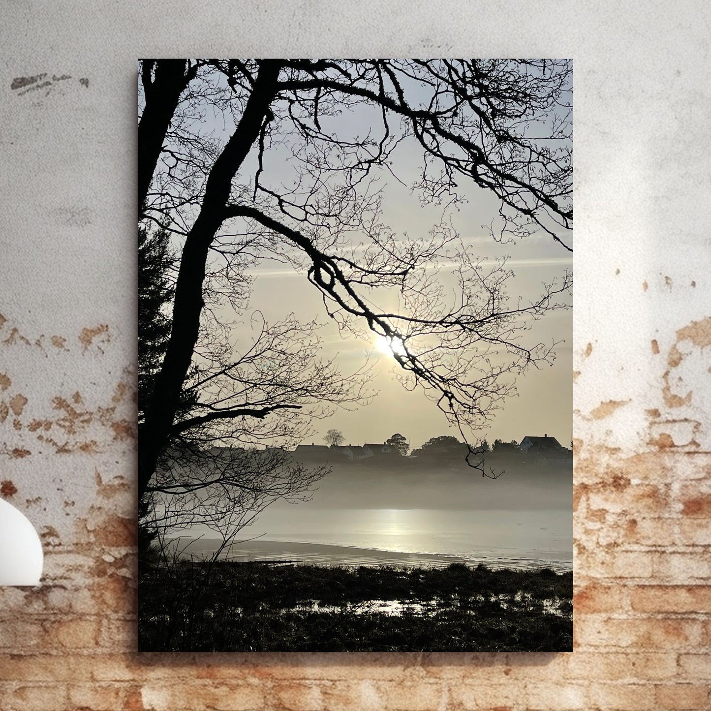 Stemningsfullt bilde fra Skranevatnet fotografert 29. januar 2024. Illustrasjon viser fotografiet som lerret på en murvegg.