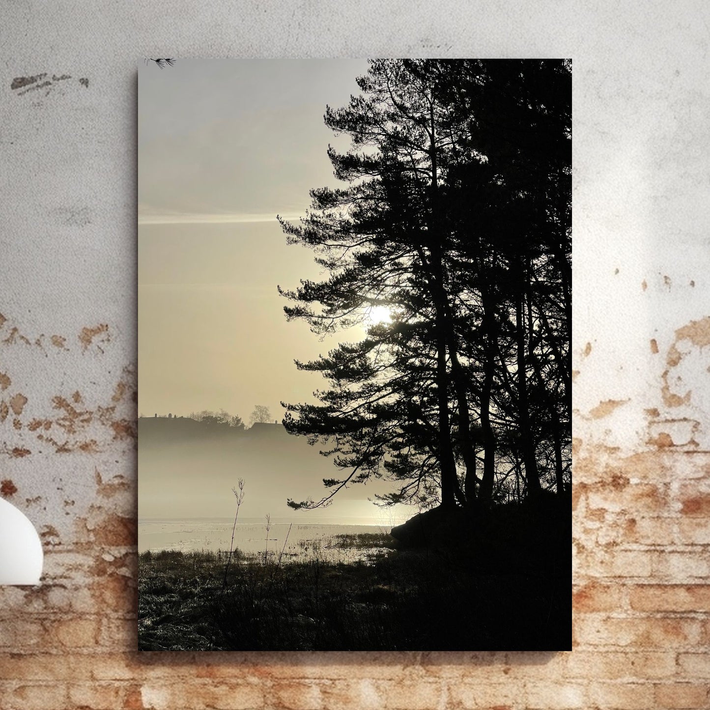 Stemningsfullt bilde fra Skranevatnet fotografert 29. januar 2024. Illustrasjon viser fotografiet som lerret på en murvegg.