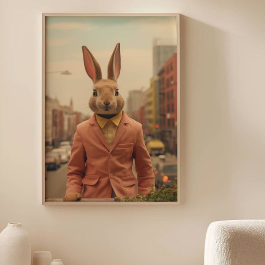 Kledd i en sofistikert ferskenfarget dress med en stilren gul skjorte, vandrer denne urbane påskeharen gjennom bygatene med uovertruffen selvtillit. Illustrasjon viser plakat uten hvit kant i eik ramme.