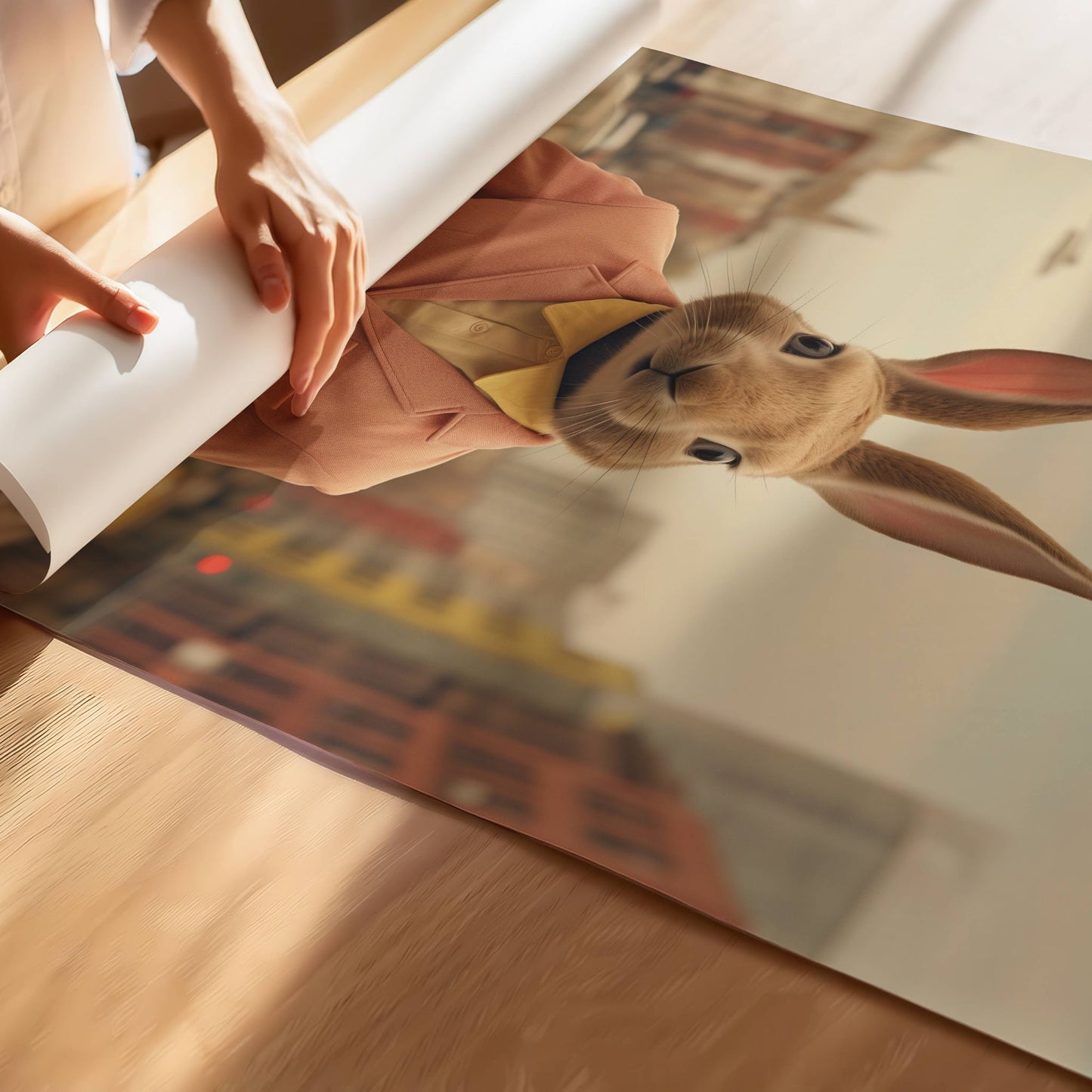 Kledd i en sofistikert ferskenfarget dress med en stilren gul skjorte, vandrer denne urbane påskeharen gjennom bygatene med uovertruffen selvtillit. Illustrasjon viser plakat uten hvit kant på print.