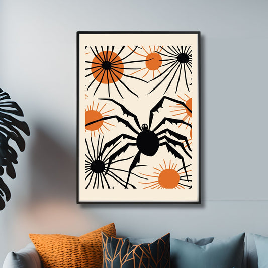 Legg til en unik touch i din Halloween-dekorasjon med vår Stilig Edderkoppplakat! Denne plakaten viser en stor svart edderkopp med skarpe ben, omgitt av oransje elementer som fremhever det skumle designet. Illustrasjon viser plakaten i sort ramme.