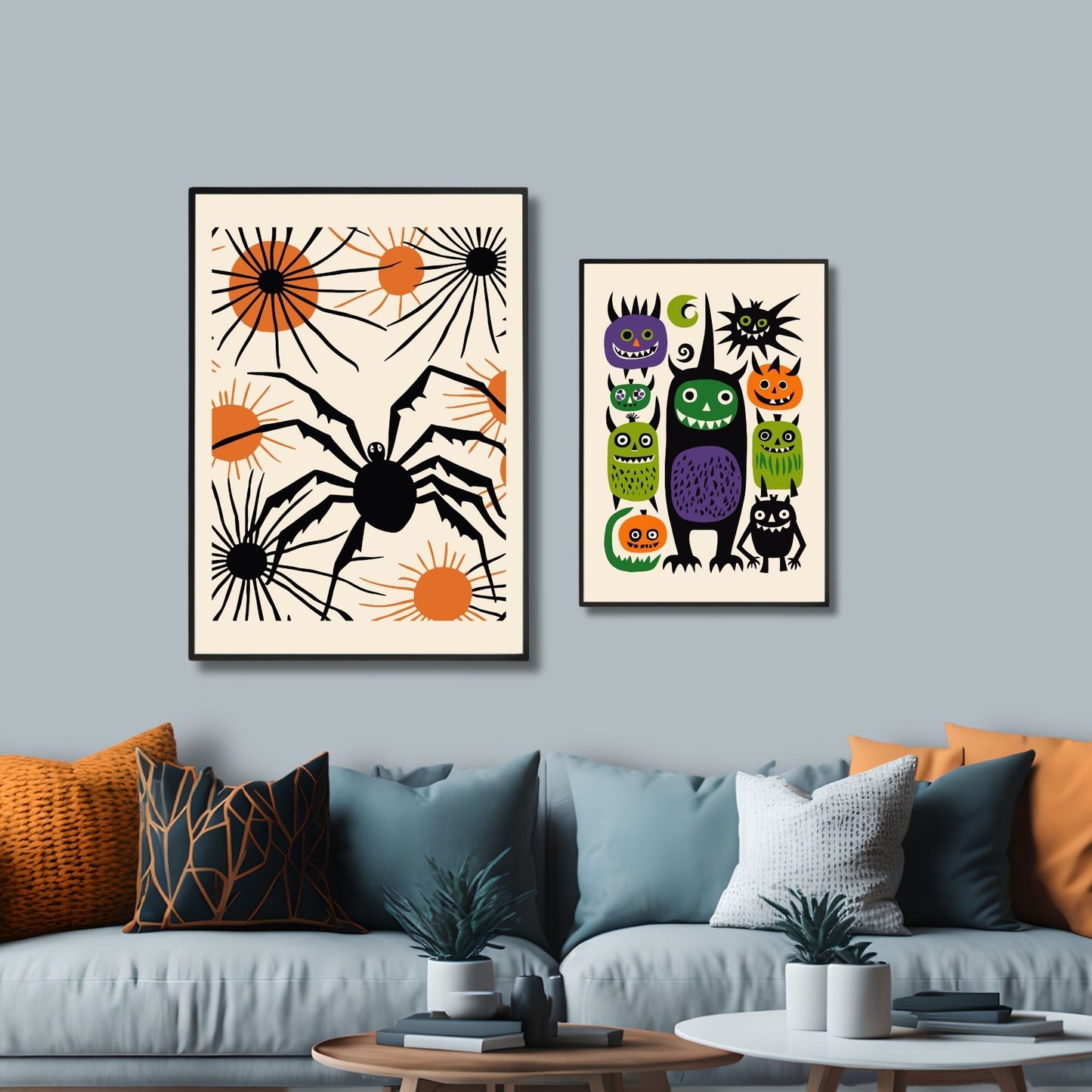Legg til en unik touch i din Halloween-dekorasjon med vår Stilig Edderkoppplakat! Denne plakaten viser en stor svart edderkopp med skarpe ben, omgitt av oransje elementer som fremhever det skumle designet. Illustrasjon viser plakaten i sort ramme.