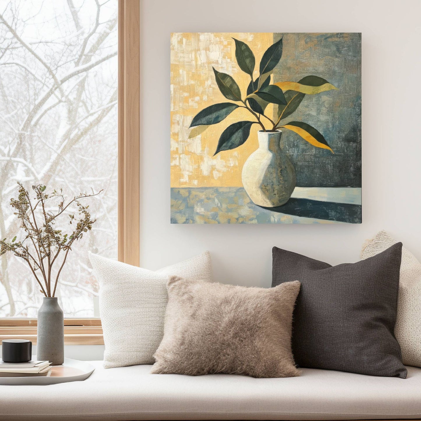 Med en elegant vase, grønne blader og et vakkert spill av lys og skygge, skaper dette kunstverket en rolig og harmonisk atmosfære i ethvert rom. Illustrasjon viser motivet på lerret.