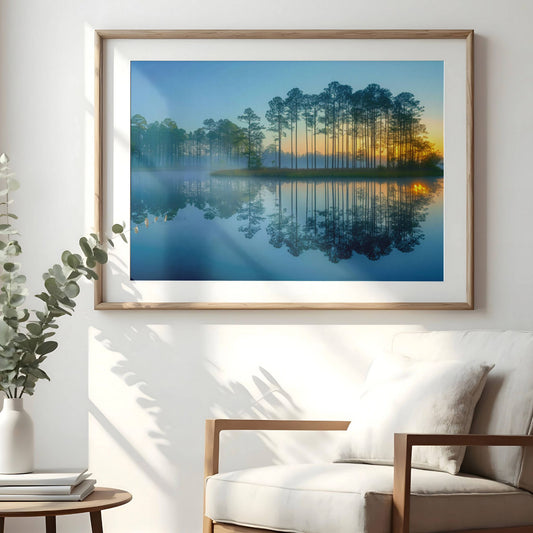 Bildet "Morgen over vannet" fanger de første solstrålene som bryter gjennom furutrærne og speiler seg i det stille vannet. Illustrasjon viser motivet som plakat i eik ramme med passepartout.