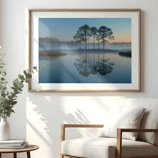 Motivet Dis og gull viser en liten gruppe furutrær som speiler seg i det rolige vannet, omgitt av tåkedis og gyllen morgensol. Illustrasjon viser motivet som plakat mes eik ramme og passepartout.