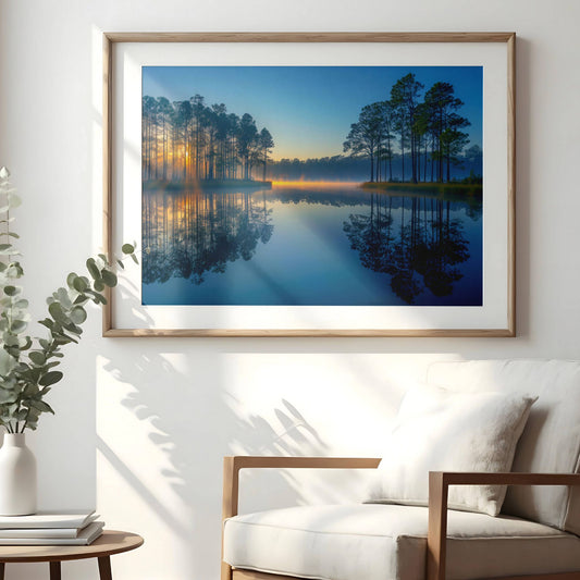 "Solstråler i disen" – Plakat eller Lerret fanger de første solstrålene som bryter gjennom furutrærne og speiler seg i det stille vannet. Illustrasjon viser motivet med passepartout i eik ramme.