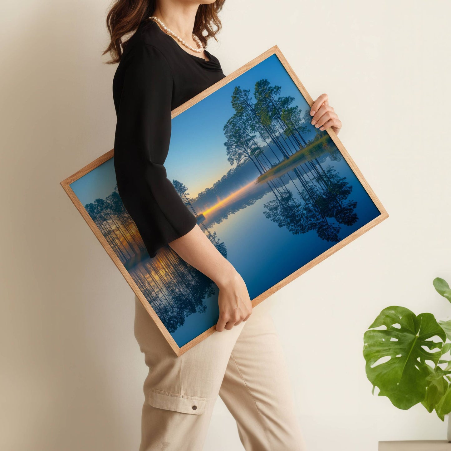 "Solstråler i disen" – Plakat eller Lerret fanger de første solstrålene som bryter gjennom furutrærne og speiler seg i det stille vannet. Illustrasjon viser motivet uten hvit kantlinje i eik ramme.