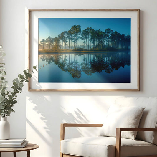 Morgengry i Blått formidler en stille og blå morgenstund, hvor naturen våkner langsomt. Illustrasjon viser motivet som plakat med passepartout og eik ramme.