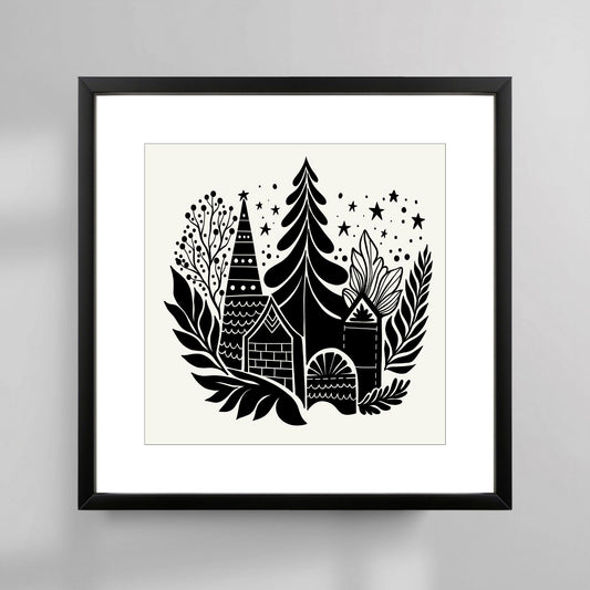 Denne nydelige plakaten fremhever den enkle, men vakre skandinaviske estetikken, med håndtegnede julemotiver som små hus, snødekte grantrær og stjerner. Illustrasjonsfoto viser plakat i sort ramme.