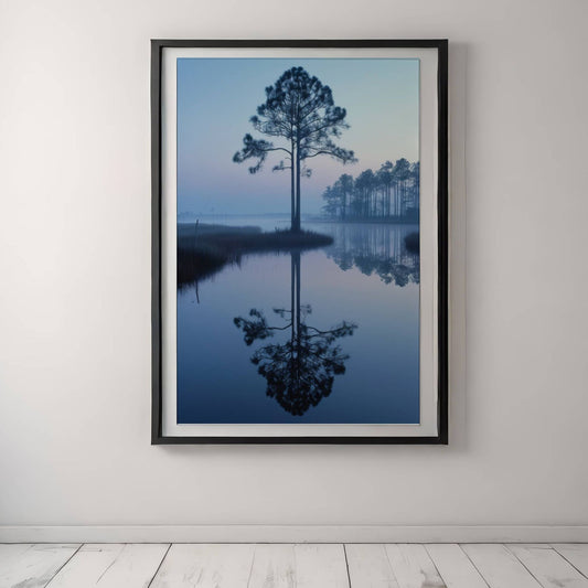 Stille Morgen - Ensom furu viser furutrær i silhuett, speilet i det stille vannet en tidlig morgen med myk soloppgang og lett tåke i horisonten. Illustrasjon viser motivet som plakat i sort ramme.