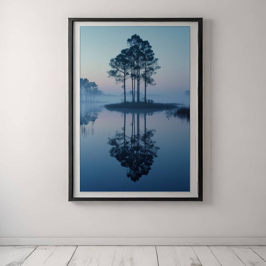 Stille Morgen - Tåkedis over vann viser furutrær i silhuett, speilet i det stille vannet en tidlig morgen med myk soloppgang og lett tåke i horisonten. Illustrasjon viser motivet som plakat i sort ramme.