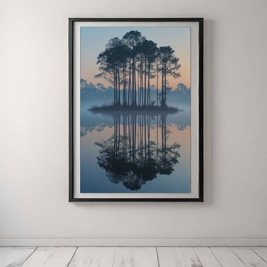 Stille Morgen - Øy av trær viser furutrær i silhuett, speilet i det stille vannet en tidlig morgen med myk soloppgang og lett tåke i horisonten. Illustrasjon viser motivet som plakat i sort ramme.