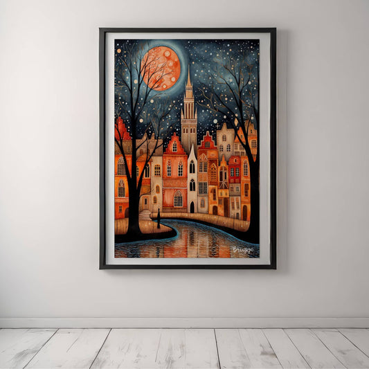 En magisk natt i Brugge med gotisk arkitektur og måneskinn speilet i kanalene. Illustrasjon viser plakat med hvit kant i sort ramme.