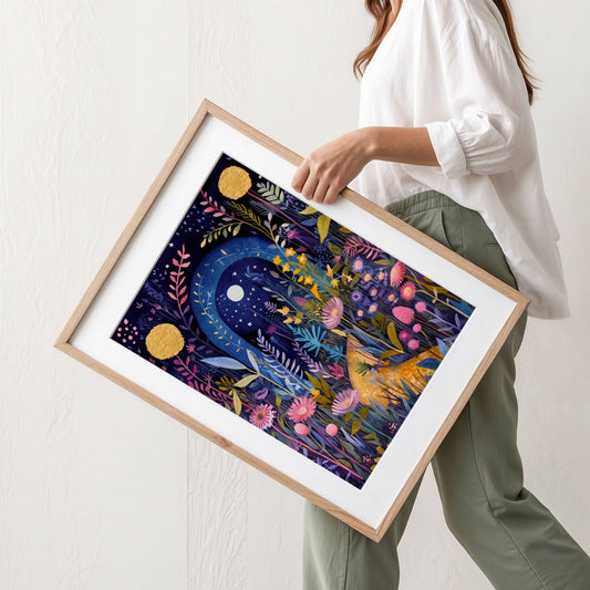 Denne mystiske plakaten kombinerer stjernehimmel, gullmåner og ville blomster i et eventyrlig nattlandskap. Illustrasjon viser plakat i passepartout i eik ramme.