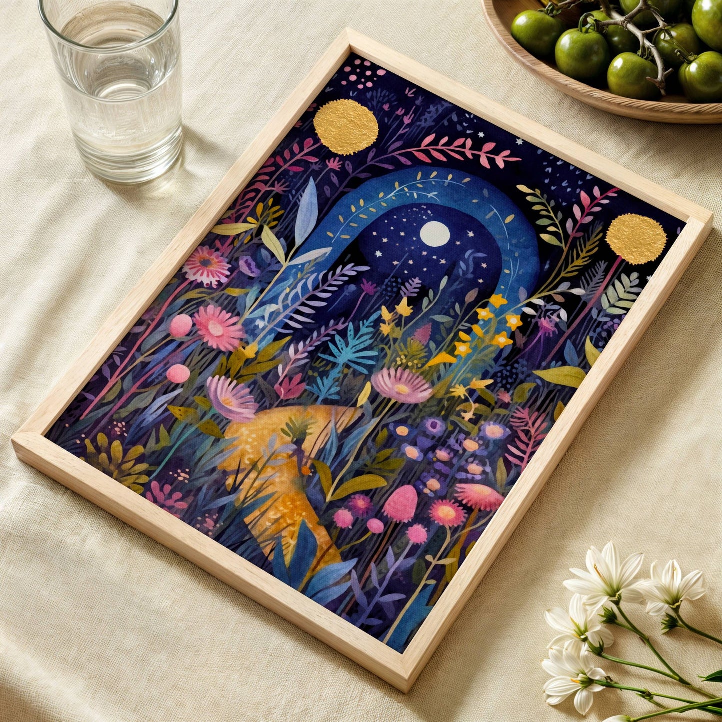 Denne mystiske plakaten kombinerer stjernehimmel, gullmåner og ville blomster i et eventyrlig nattlandskap. Illustrasjon viser plakat uten hvit kant i eik ramme.