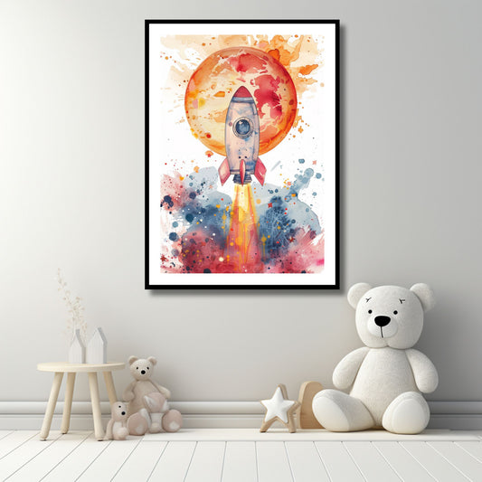 Gjør rommet ditt magisk med "Stjerneskuddrakett" – fra vår fortryllende serie "Kosmiske Akvareller" på fem unike kunstverk som fanger skjønnheten i universet. Illustrasjon viser motivet som plakat i sort ramme.