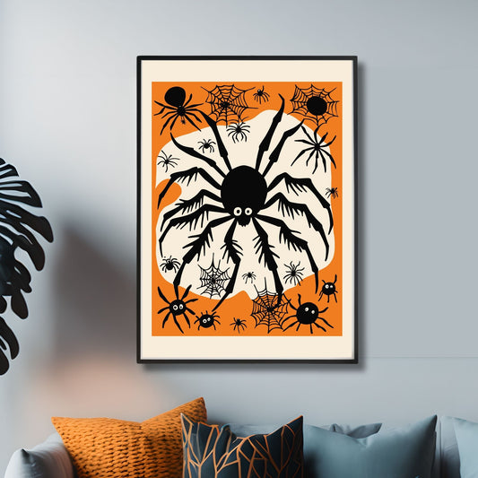 Halloween Edderkoppplakat! Denne livlige plakaten viser en stor, svart edderkopp omgitt av flere mindre edderkopper. Illustrasjonsfoto viser plakat i sort ramme.