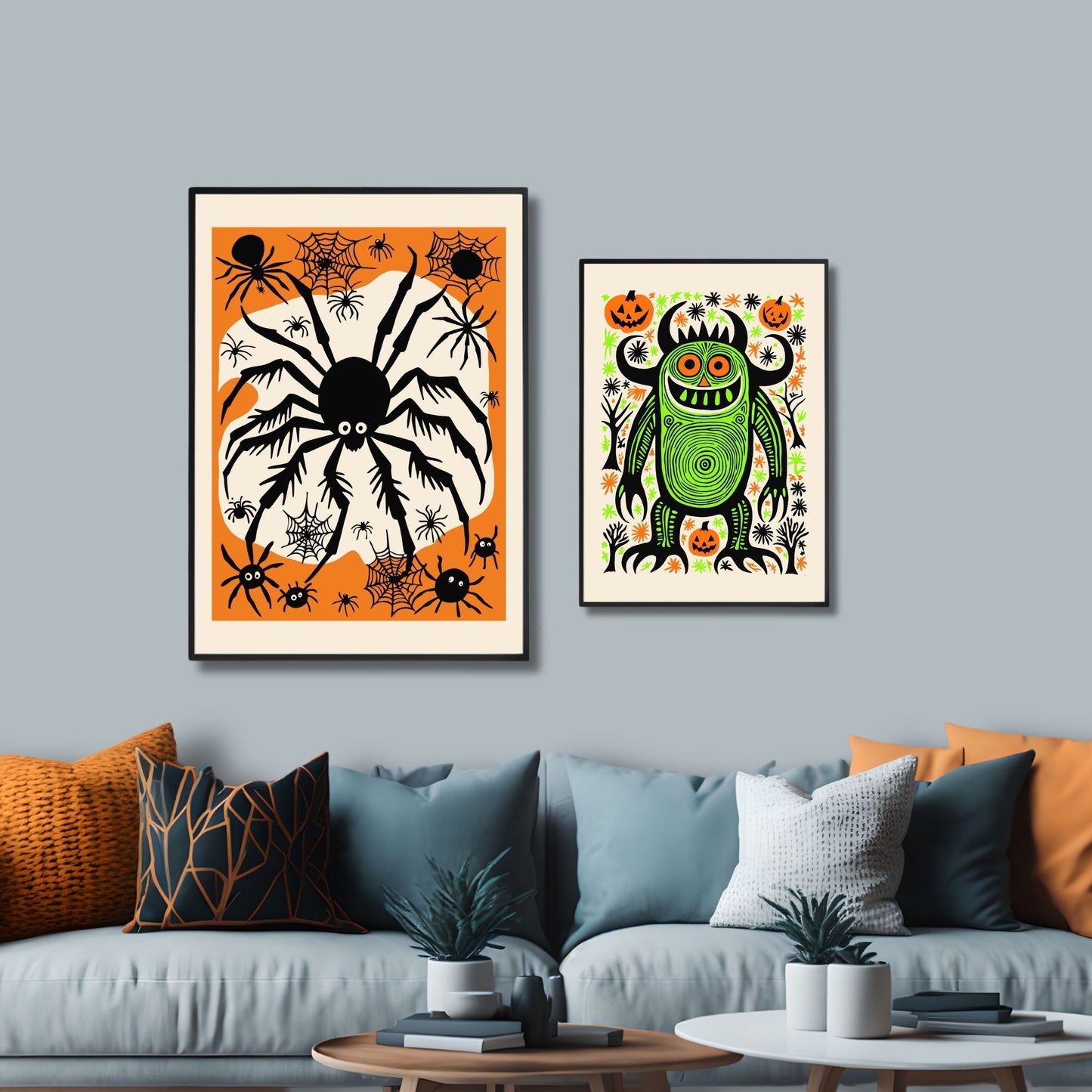 Halloween Edderkoppplakat! Denne livlige plakaten viser en stor, svart edderkopp omgitt av flere mindre edderkopper. Illustrasjonsfoto viser plakat i sort ramme.