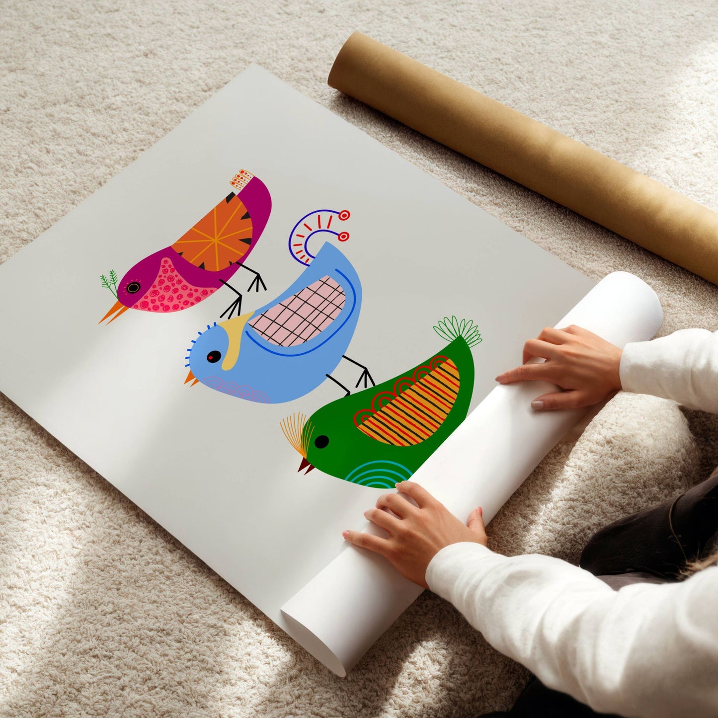 Syngende Fugler – Plakat viser tre fantasifulle fugler i duse, men lekne farger stablet på hverandre som et kor klart til å synge våren inn. En perfekt kombinasjon av grafisk design og barnlig sjarm. Illustrasjon viser plakat på print.