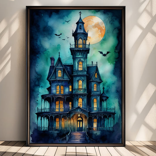 “The Old House” er et vakkert og detaljert akvarellmotiv av et gammelt herskapshus opplyst innenfra, med flaggermus som sirkler i måneskinnet. Illustrasjon viser plakat uten hvit kant i sort ramme.