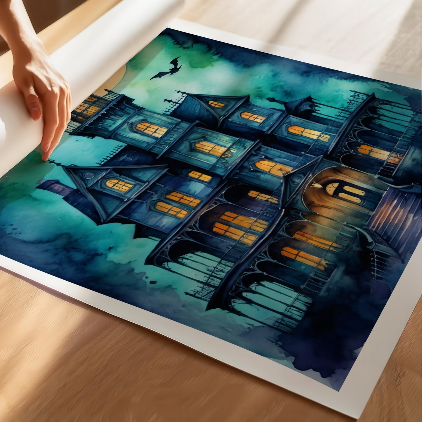 “The Old House” er et vakkert og detaljert akvarellmotiv av et gammelt herskapshus opplyst innenfra, med flaggermus som sirkler i måneskinnet. Illustrasjon viser plakat på print.