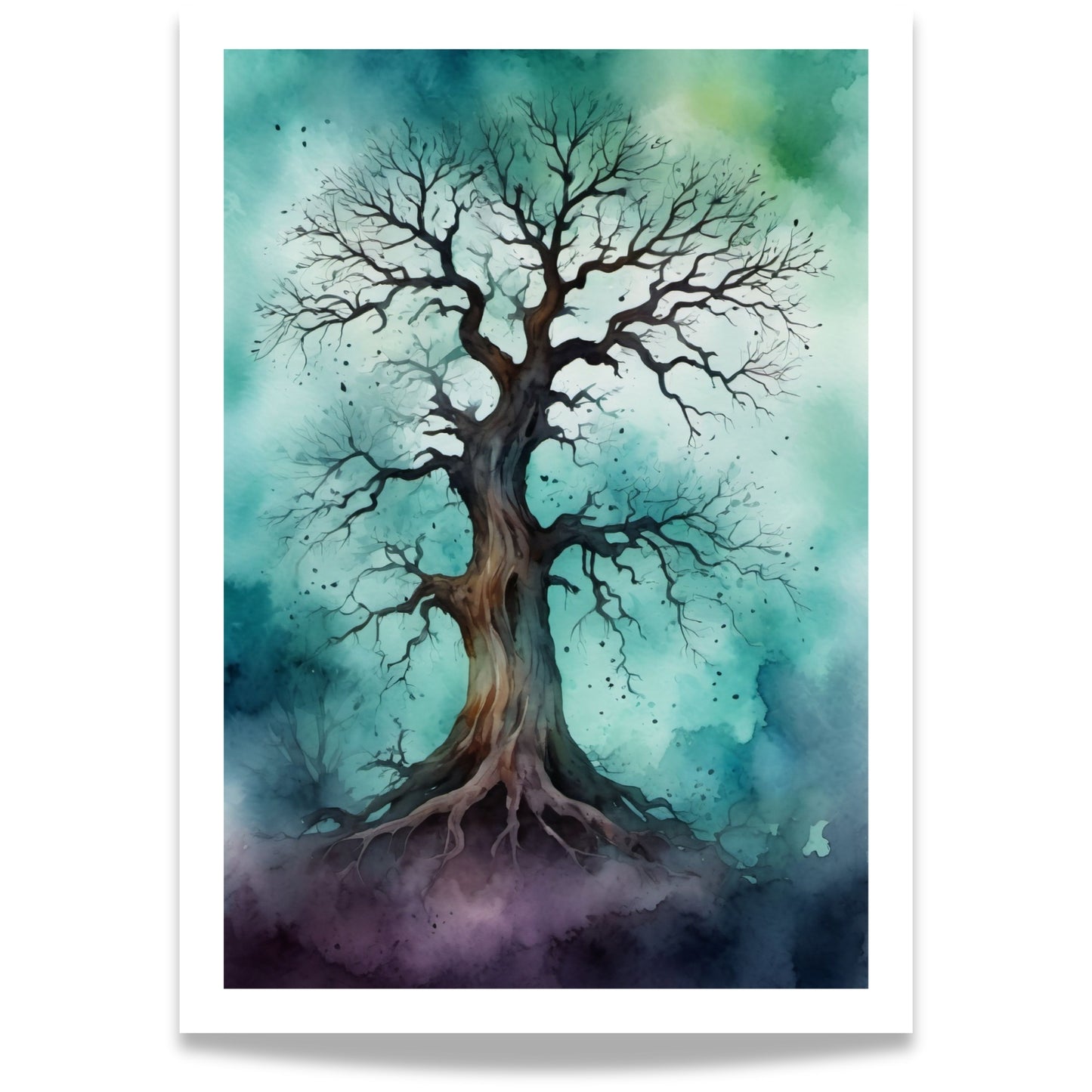 “The Old Tree” portretterer et gammelt, krokete tre som står alene i et blågrønt landskap.