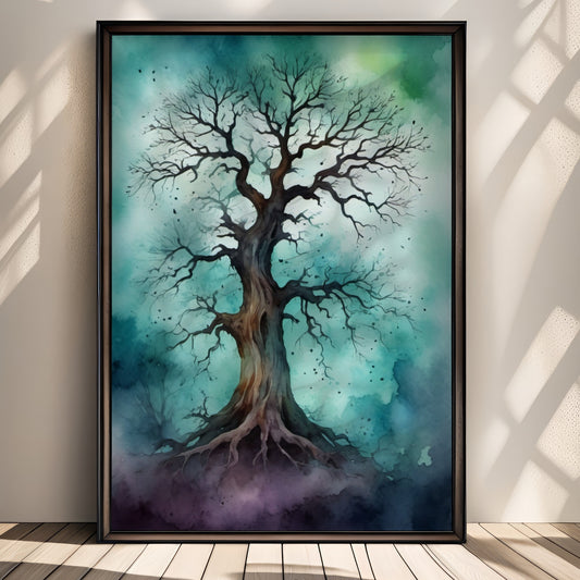 “The Old Tree” portretterer et gammelt, krokete tre som står alene i et blågrønt landskap. Illustrasjon viser plakat uten hvit kant i sort ramme.