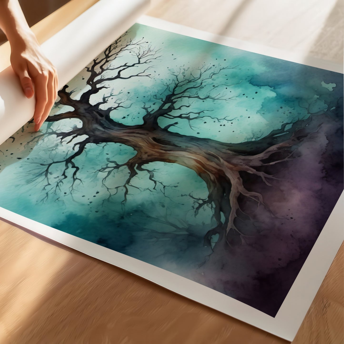 “The Old Tree” portretterer et gammelt, krokete tre som står alene i et blågrønt landskap. Illustrasjon viser plakat på print.