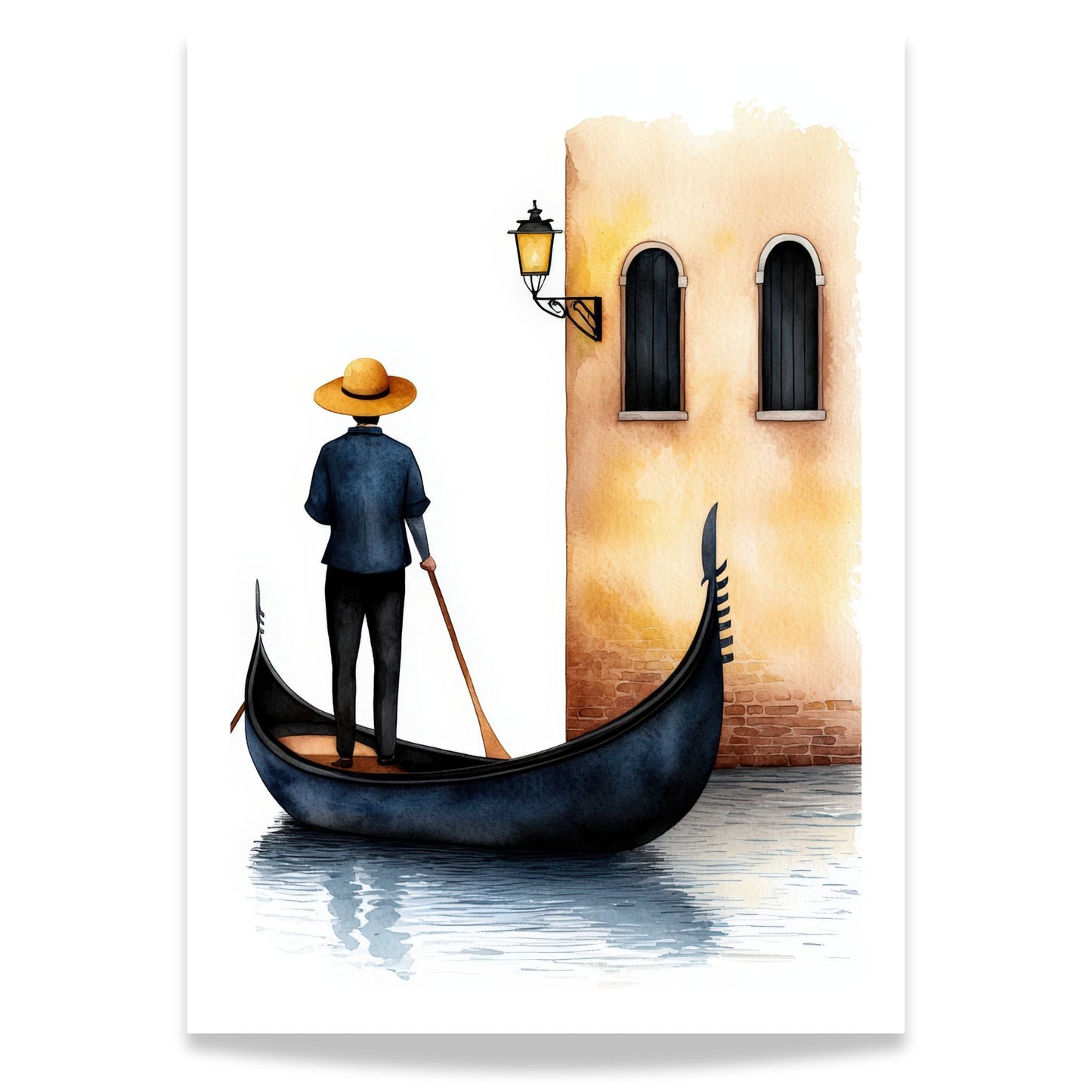Med en ensom gondolier mot bakgrunnen av sjarmerende italiensk arkitektur, formidler denne plakaten essensen av romantikk og kultur i hjertet av Venezia.