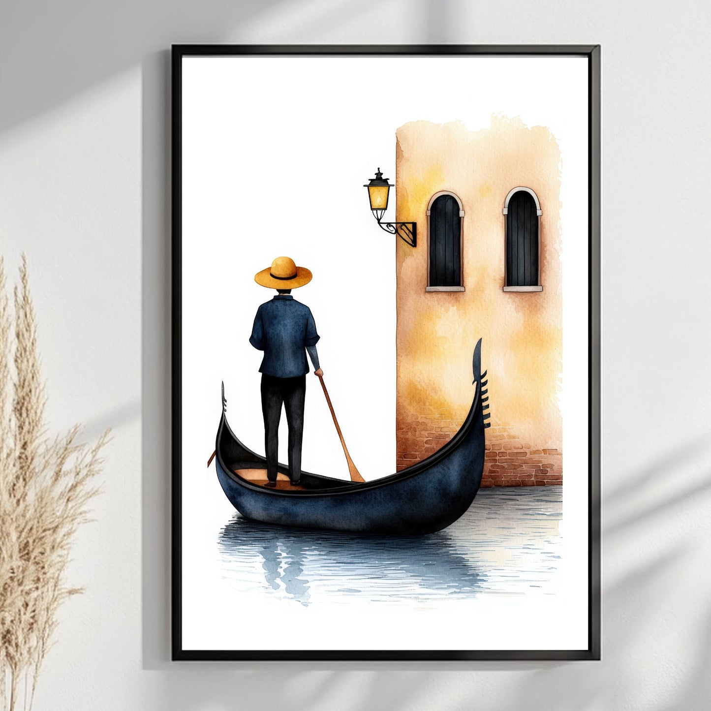 Med en ensom gondolier mot bakgrunnen av sjarmerende italiensk arkitektur, formidler denne plakaten essensen av romantikk og kultur i hjertet av Venezia. Illustrasjonsfoto viser plakat i sort ramme.