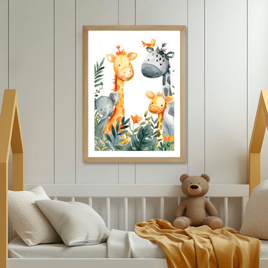 Grafiske motiv til barna som byr på søte sjiraffer, løver, pandaer og elefanter i deres naturlige habitat. Illustrasjonsfoto viser motivet som plakat i lys ramme.