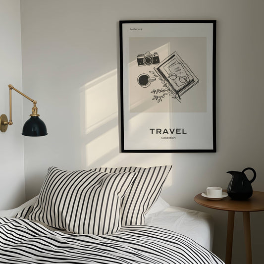 TRAVEL COLLECTION No4 – grafisk plakat er et reiseinspirert kunsttrykk som kombinerer kamera, kaffekopp, briller og en åpen notatbok. Illustrasjon viser plakat i sort ramme.