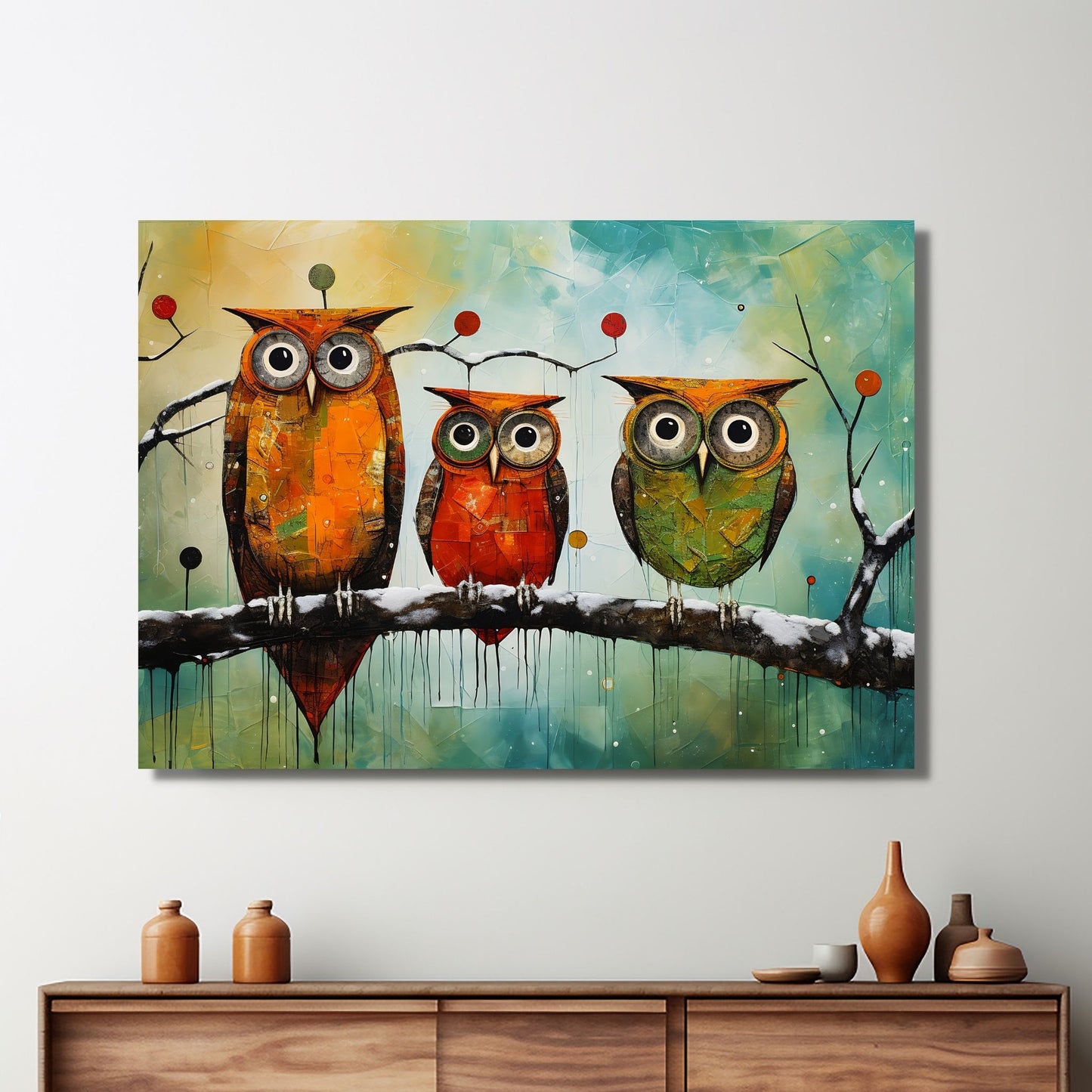 Abstrakt motiv av tr fargerike ugler som sitter på en gren. Illustrasjonsbildet viser motivet på lerret.
